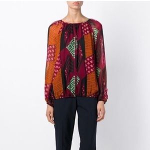 Diane Von Furstenberg DVF Silk Long Sleeve Top Hathaway Ethnic Collage